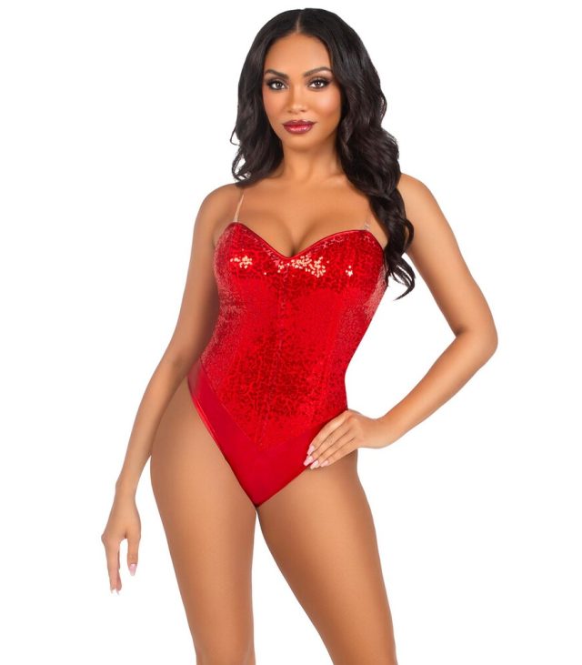 Leg Avenue Sequin Boned Bodysuit Red
