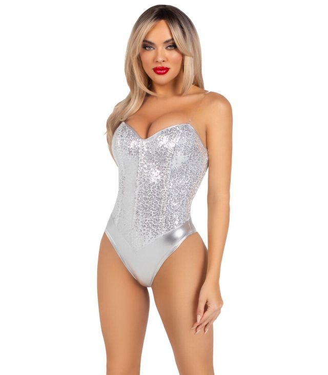 Leg Avenue Sequin Boned Bodysuit Silver