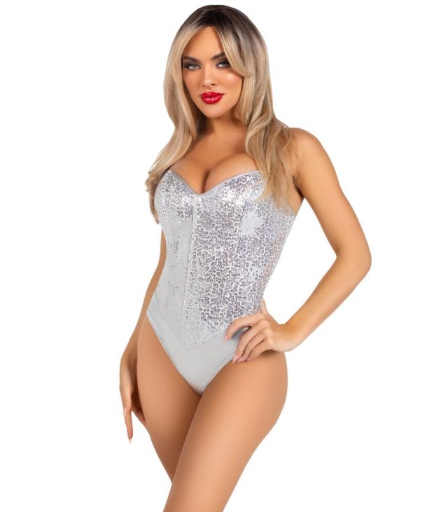 Leg Avenue Sequin Boned Bodysuit Silver - Image 2