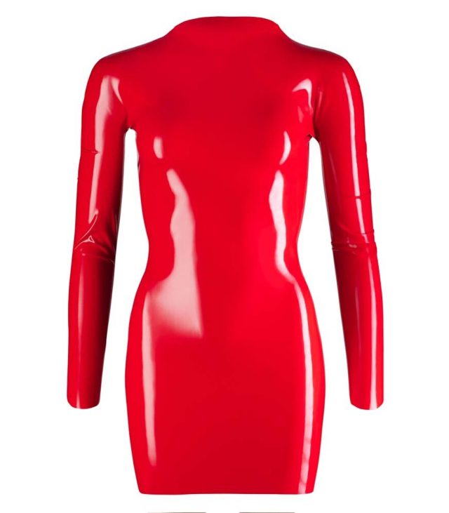 LateX Zip Up Mini Dress With Long Sleeves Red - Image 3