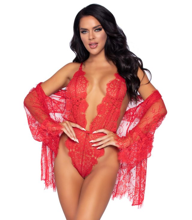Leg Avenue Floral Lace Teddy and Robe Red