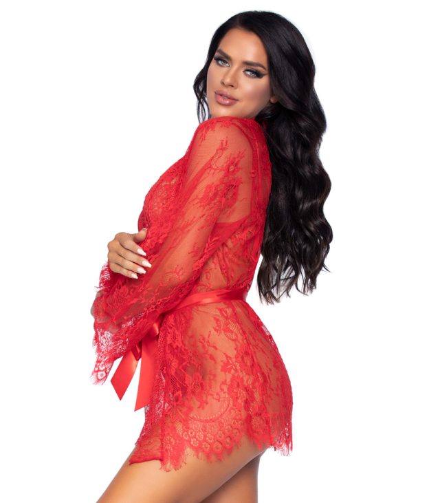 Leg Avenue Floral Lace Teddy and Robe Red - Image 2