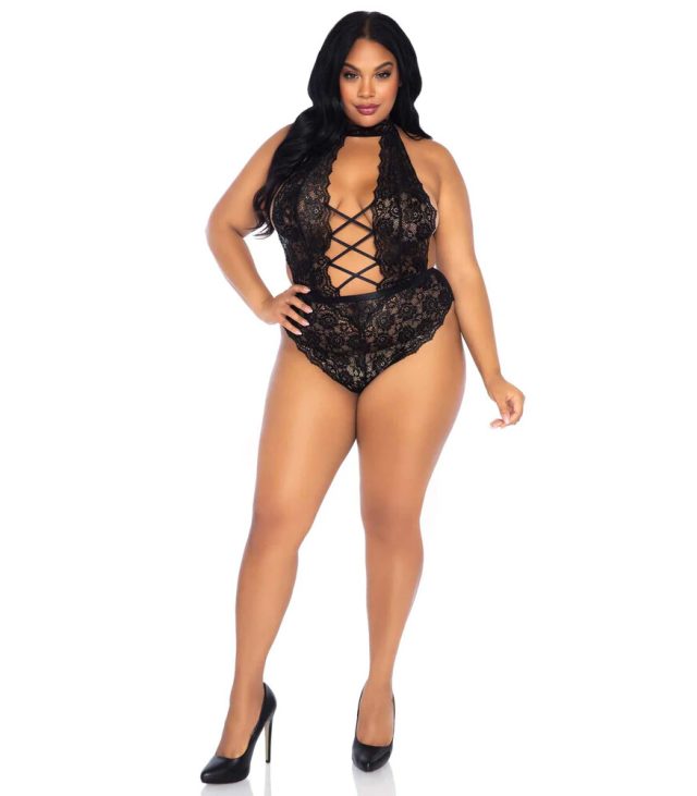 Leg Avenue Floral Lace Crotchless Teddy Black UK 14 to 18