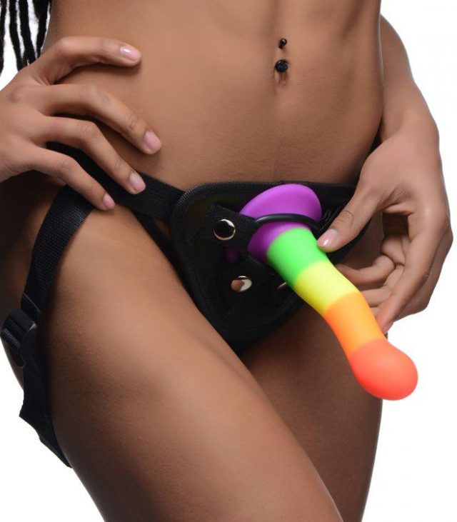 XR Proud Rainbow Silicone Dildo with Harness - Image 3