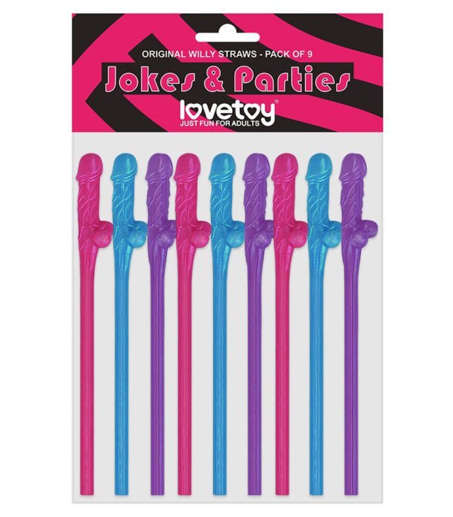 Lovetoy Pack Of 9 Willy Straws Blue Pink And Purple