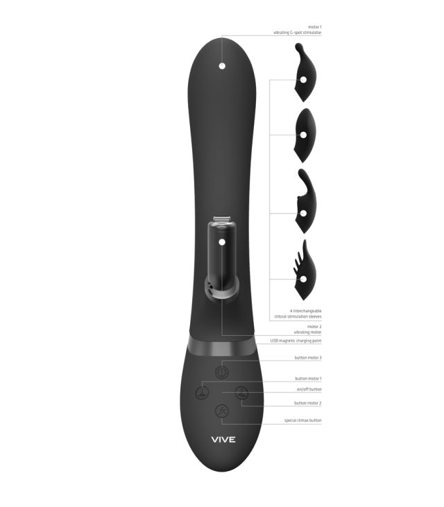 Vive Chou Double Action Interchangeable Rabbit Vibrator Black - Image 2
